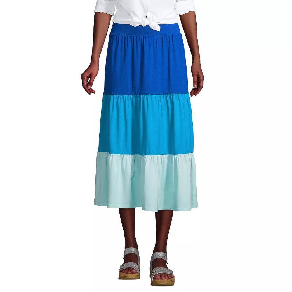 NWT  Lands End Womens Hi Rise Pull On Tiered Midi Skirt Blue Size XL $75 FFF258